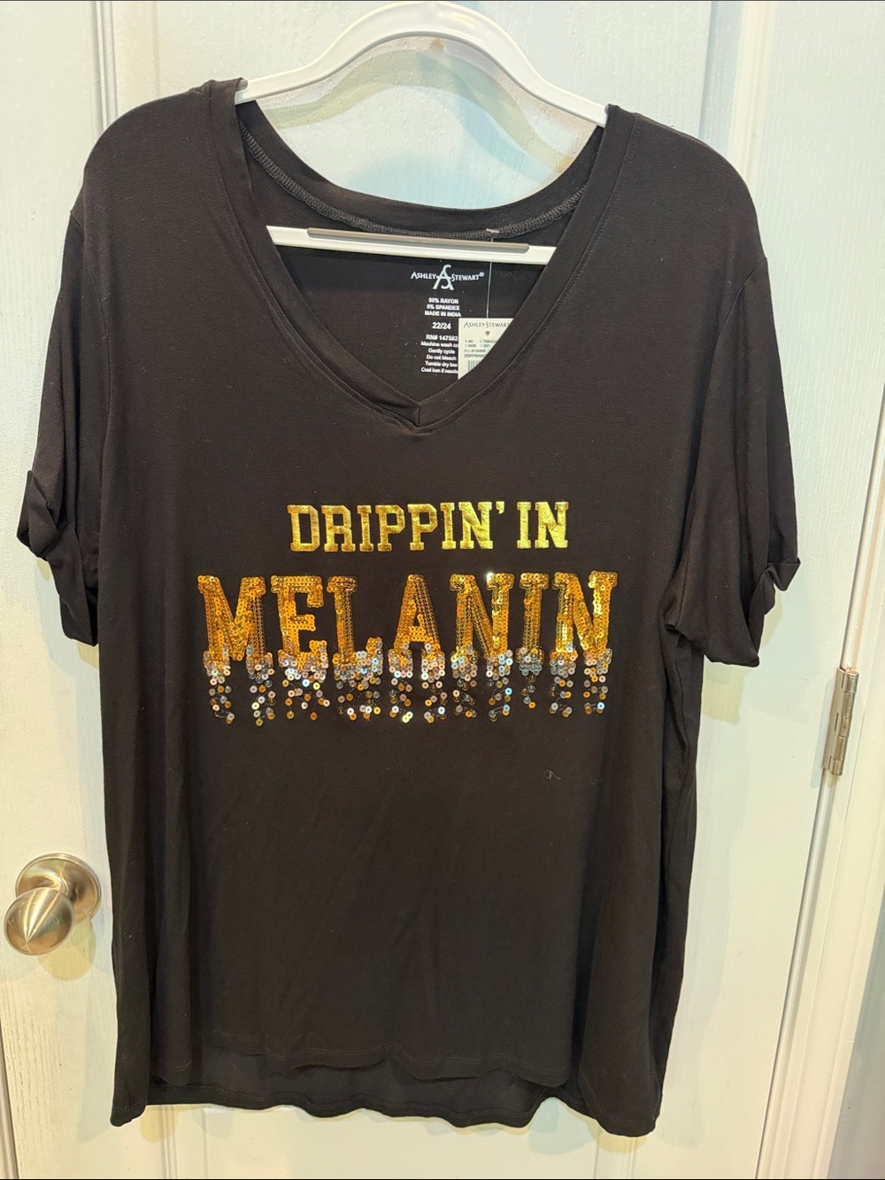 Ashley Stewart Black Short Sleeve Tee with Gold Sequin "Drippin' in Melanin"